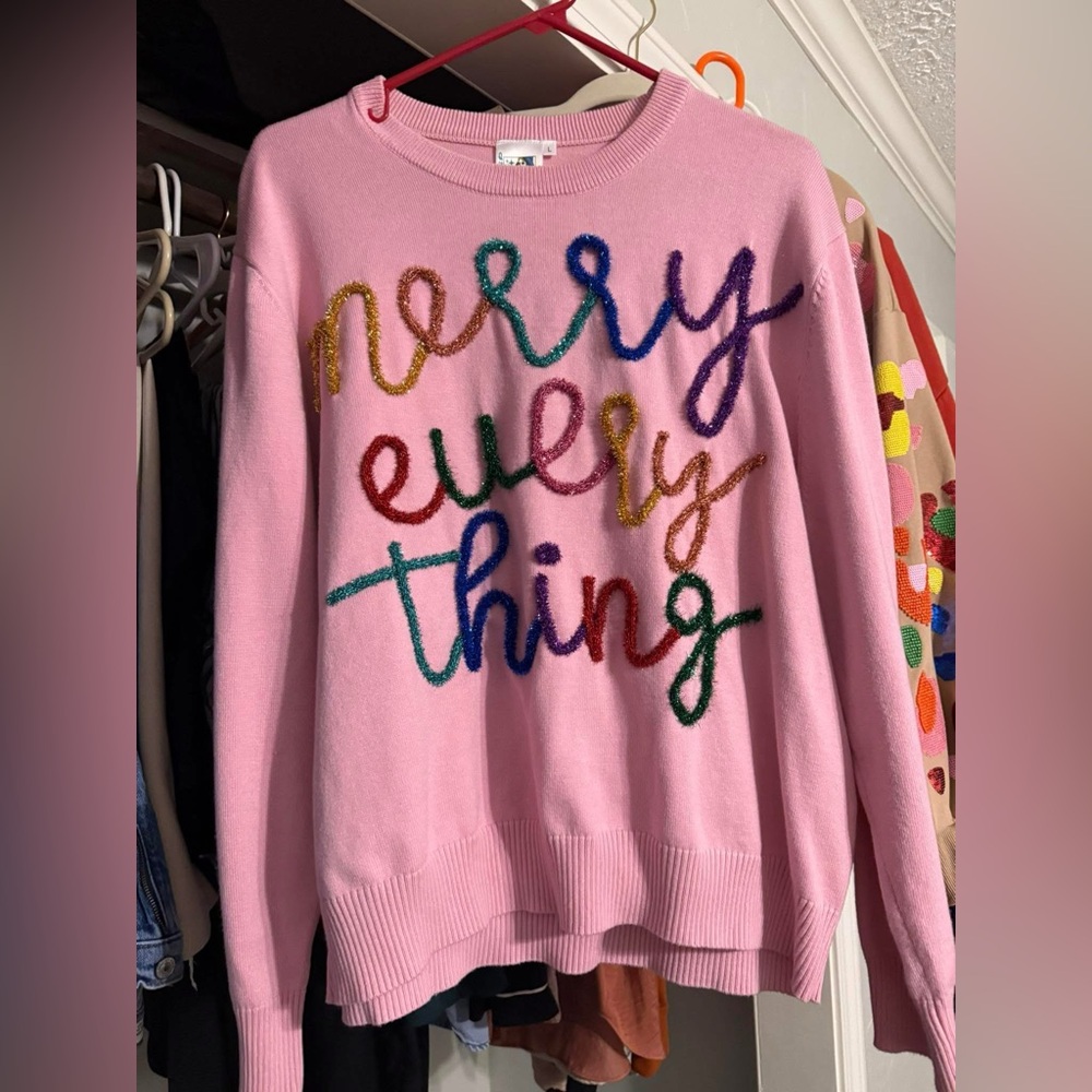 QUEEN OF SPARKLES Pink Sweater with Multicolor Text